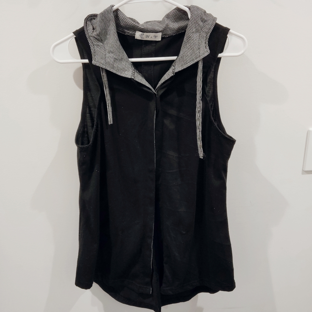 2/$10 3/$12 Black Sleeveless Vest with Striped Hood